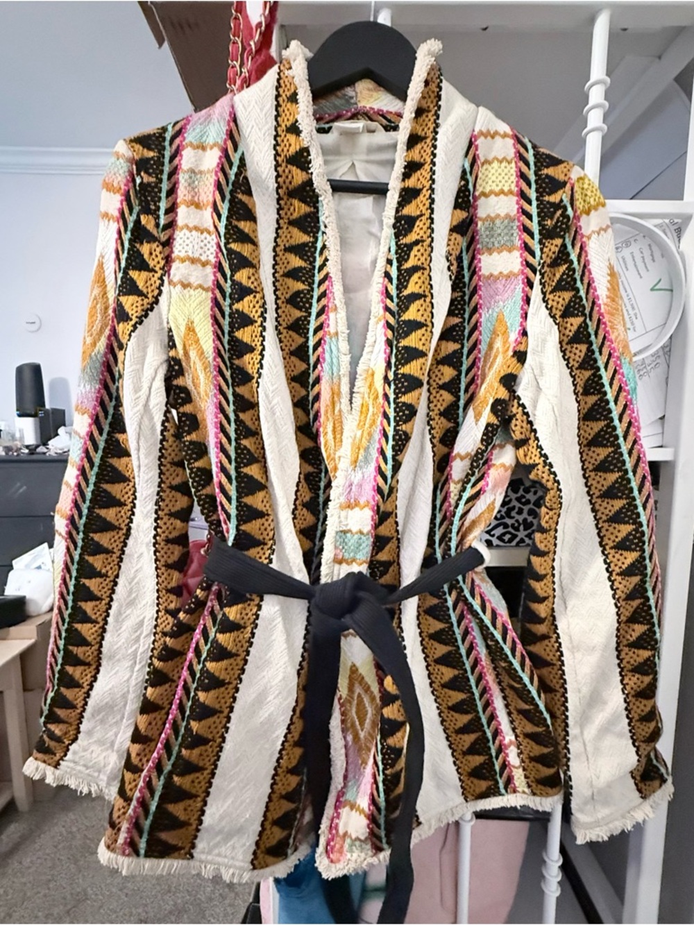 H&M Jacquard-Weave Embroidered Kimono Jacket with Belt - Size XS